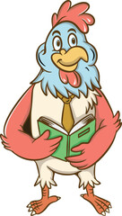 cartoon illustration design of a rooster wearing a tie and is reading a book.eps