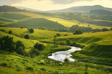 Rolling Green Hills with Stream at Sunset