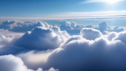 Flight high above the clouds during sunset or sunrise. Aspirations and climate background concept of heaven and heavenly space and freedom in colorful evening or morning panoramic cloudscape