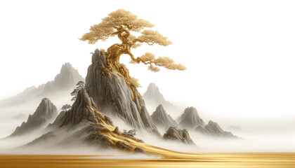 Abstract art traditional Chinese nature landscape scene an ancient tree on rocky mountains luxury style gold black and white tones on white background with copy space.
