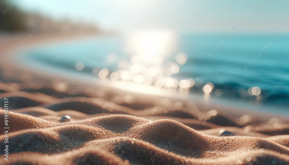 Poster close-up of beach sand with clear focus on individual grains and a blurred ocean in the background, 