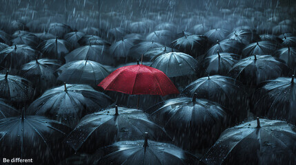 A red umbrella among a crowd of black umbrellas