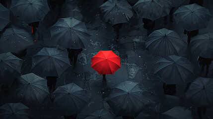 A red umbrella among a crowd of black umbrellas - Concept of success, having a difference, of being special as a leader, with its own identity