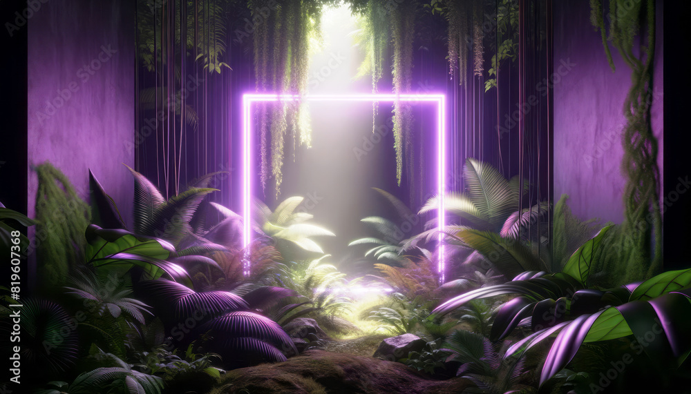 Poster a neon-lit jungle scene with lush greenery and a glowing purple rectangular frame, set on a dark mys