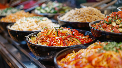 Colorful salad bar with various fresh ingredients. An array of colorful salads and fresh ingredients displayed at a salad bar, offering a healthy and vibrant dining option.