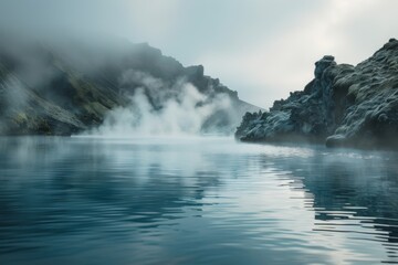 Naklejka premium Misty Lake with Steaming Rocks