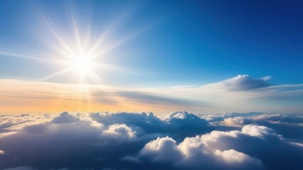 Obraz premium Flight high above the clouds during sunset or sunrise. Aspirations and climate background concept of heaven and heavenly space and freedom in colorful evening or morning panoramic cloudscape