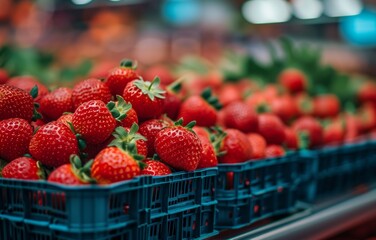 large piles of fresh strawberries on display at the market - Powered by Adobe