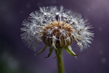 Close-up of a dandelion with water droplets on a purple bokeh background 