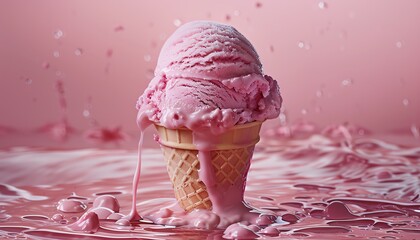 Emphasize the hyperrealistic details of the melting ice cream, making it look as though it could be picked up right off the page