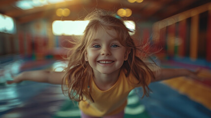 Obraz premium A child in a brightly lit gym, tumbling across a mat with grace and energy, their focus 