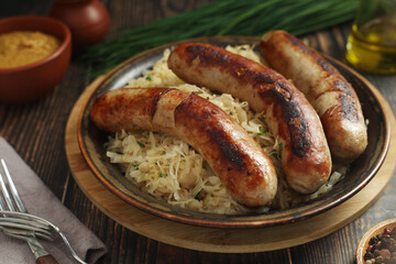 A bowl with Bratwurst and Sauerkraut as side dish - traditional German food