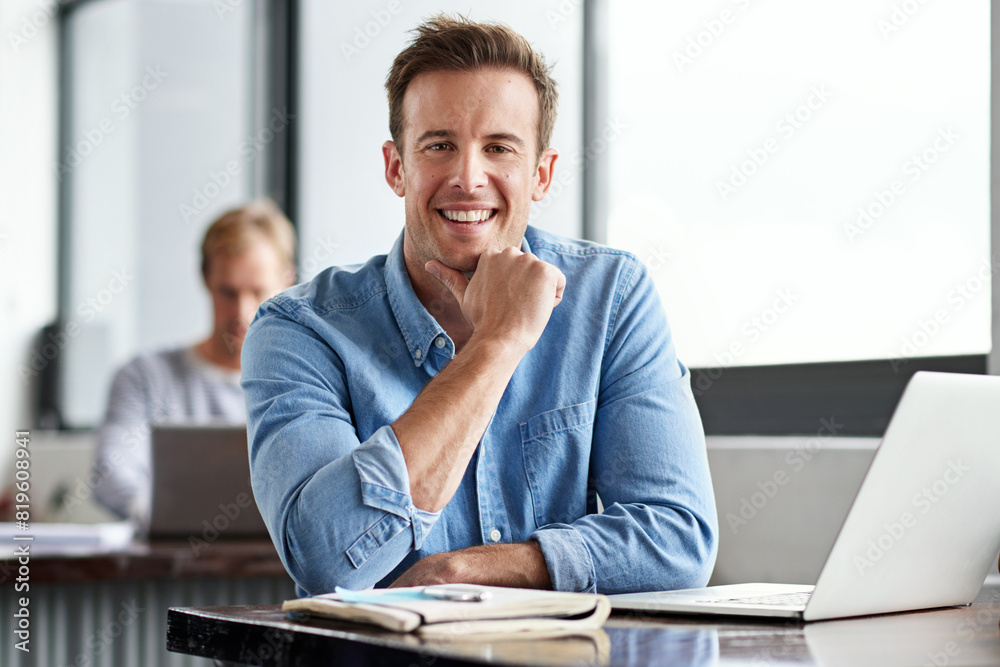 Poster Happy, portrait and businessman with computer in office, web solution and digital information. Software developer, male employee and laptop with thinking, web search and application inspection