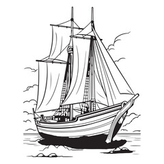Flat sailboat line art design, black vector illustration on white background