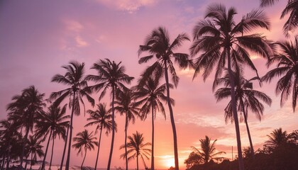 Fototapeta premium Silhouetted palm trees on a vibrant beach at sunset, creating a tranquil vacation scene.