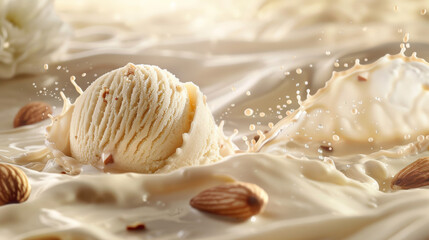 Almond ice cream scoop on a monochromatic cream background with water droplets splashing around
