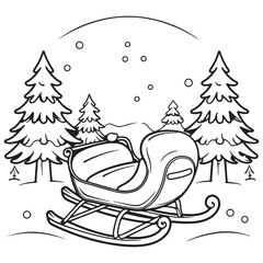 Simple christmas sled in winter landscape, black vector illustration on white background