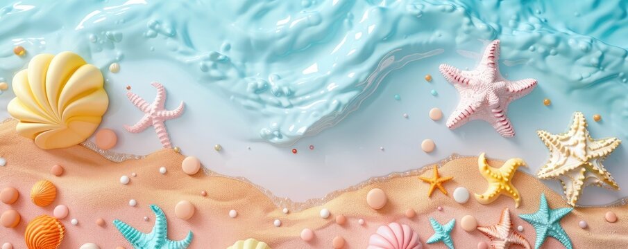 Amazing summer beach, starfish and seashell on the sand.