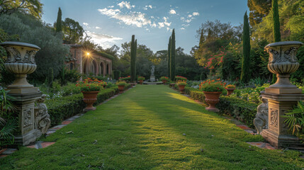 A classical garden with statues and fountains, where the lush surrounding lawn