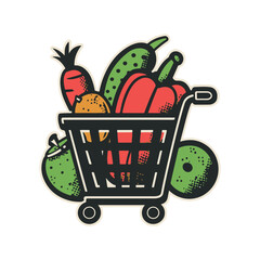 Simple grocery logo icon with cart and vegetables, vector illustration on white background