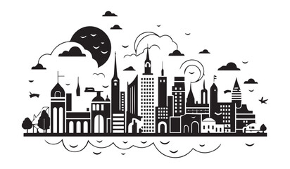 Simple skyline theme design, black vector illustration on white background