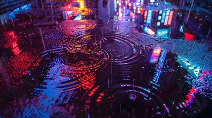 Ripples in a puddle enlighted by neon lights. a neon-lit city street during a rainstorm, focusing on a puddle with raindrops creating ripples