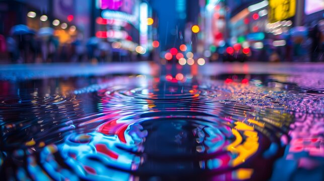 Ripples in a puddle enlighted by neon lights. a neon-lit city street during a rainstorm, focusing on a puddle with raindrops creating ripples