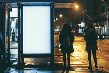 Blank vertical advertising poster banner mockup at bus stop shelter by main road, at city centre; out-of-home OOH billboard media display space. Out-of-focus people at orchard road