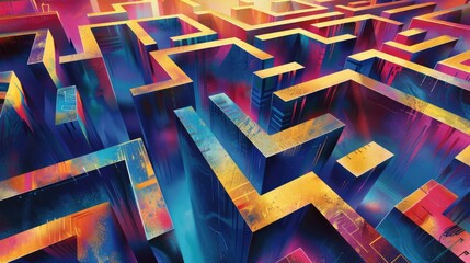 Vibrant Futuristic Brutalist Abstract Maze - A Colorful Journey through Optimism