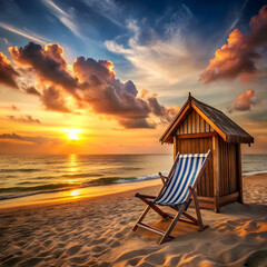 beach chair and hut on seashore during sunset