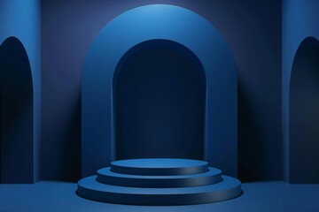 Naklejka premium Luxury dark blue 3D cylinder podium realistic or pedestal stage for product display presentation with arch shape backdrop. Minimal scene for mockup. stage showcase. 3d vector geometric form