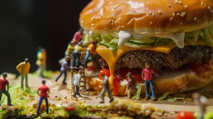 Mini figures adventure across a giant burger, adding whimsy to the scene.