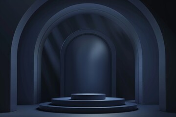 Luxury dark blue 3D cylinder podium realistic or pedestal stage for product display presentation with arch shape backdrop. Minimal scene for mockup. stage showcase. 3d vector geometric form