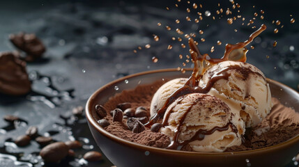 Tiramisu ice cream in a dish on a monochromatic coffee background with water droplets splashing around