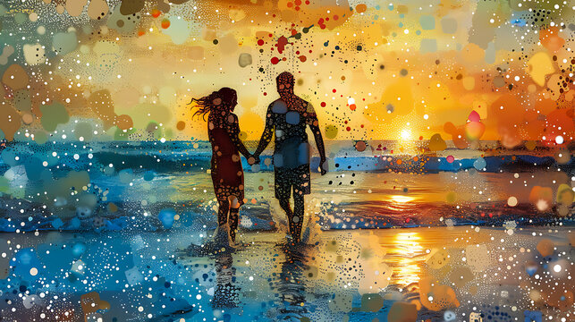 Romantic couple walking on a beach at sunset with colorful splas