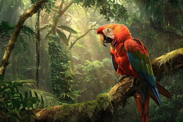 Beautiful parrot in the jungle, sitting on a tree branch, surrounded by dense foliage and mossy trees, creating a mystical atmosphere. High resolution photography