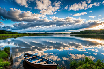 Obraz premium Beautiful shot of a small lake with a wooden rowboat in focus and amazing clouds in the sky 