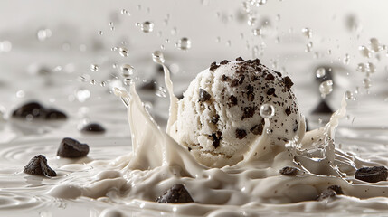 Cookies and cream ice cream scoop on a monochromatic grey background with water droplets splashing around