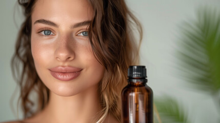 Fototapeta premium Self-care and beauty blogging concept in minimalism style. Close-up of a young woman holding a brown glass bottle with serum, promoting wellness and skincare routines.