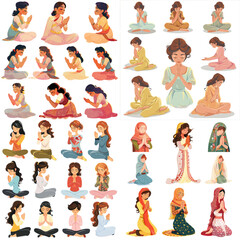 set of four images of yoga and meditation seamless pattern isolated on bright background. Concept for wallpaper, cards, print