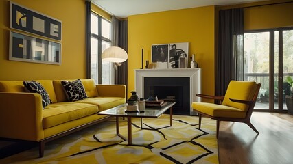 Retro-inspired yellow living room with contemporary furnishings