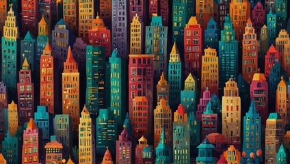 illustration of a city view with many beautiful colorful tall buildings made by AI generative