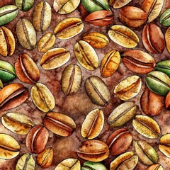 Obraz premium Watercolor coffee bean in seamless pattern on brown background