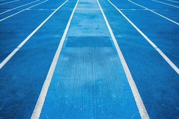 Beautiful blue running track with white stripes for a sport background, close up. A perfect symmetrical photo, centered with copy space. The image is