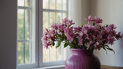 Bouquet of pink and violet flowers in a white jug on a table.
