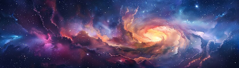 A vibrant and colorful galactic nebula with a bright, glowing core, set against a star-filled cosmic background.
