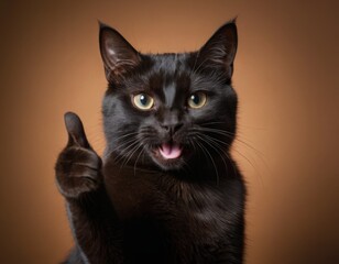A cat is giving thumbs up on a yellow background