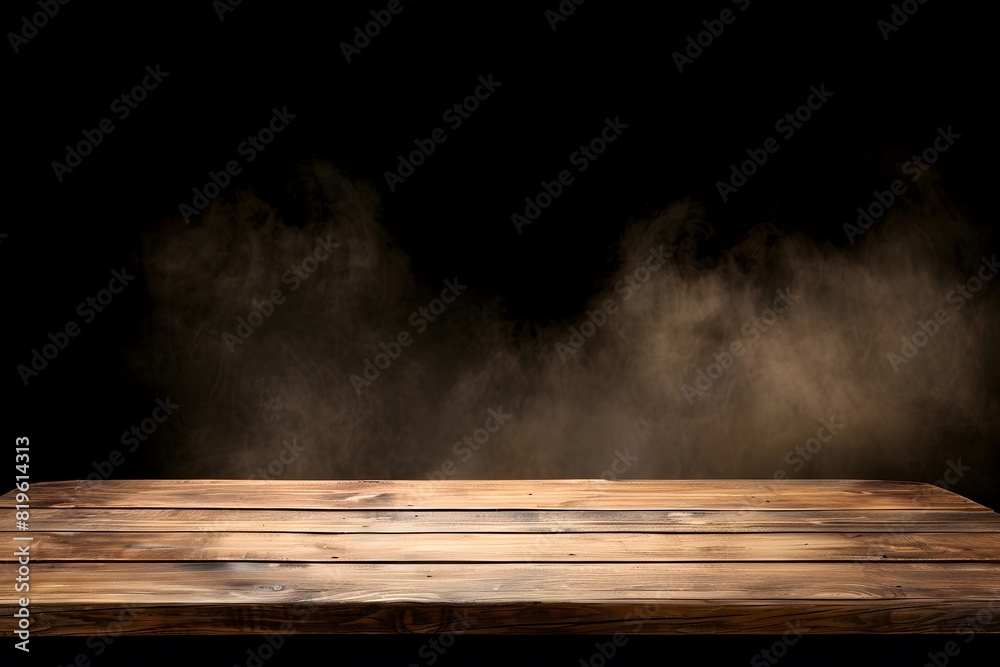 Wall mural A wooden table with smoke in the background