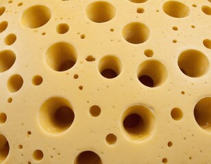 A close up of a yellow cheese with many holes in it