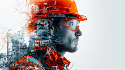 Oil and gas industry. Portrait of a confident engineer wearing hard hat at an industrial site. mixed media banner career job graphic.